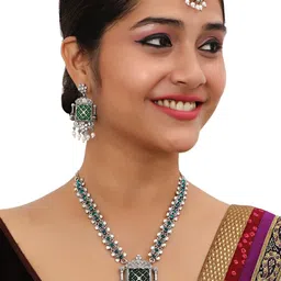 VATSALYA creation Alloy Silver Green Jewellery Set image 1