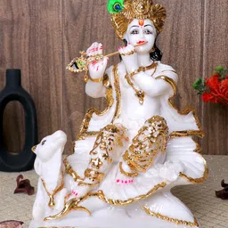 GW CREATIONS White & Gold-Toned Radha krishna with cow Murti Religious Idol Showpiece-picture-35
