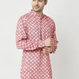 Ethnicity Geometric Printed Band Collar Thread Work Kurta image 3