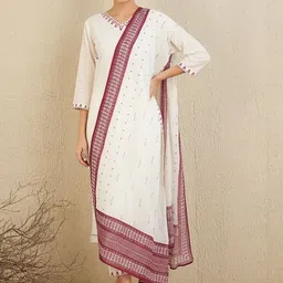 Indo Era Embroidered V-Neck Thread Work Pure Cotton Straight Kurta With Trousers & Dupatta image 3