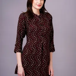 Jyoti Women Brown Rayon Printed Mandarin Collar Top image 3