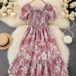 FIXOCRA Floral Print Puff Sleeve Crepe Fit & Flare Midi Dress-picture-46