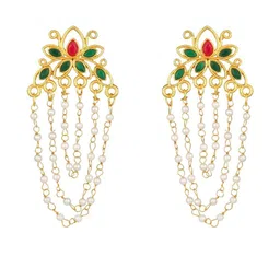 Stefan Gold-Plated Kundan Studded Pearls Beaded Floral Shaped Drop Earrings image 2