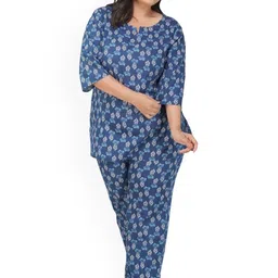 30 Looks Women Dark Midnight Blue Plus Size Cotton Printed Pyjama Set-image-35