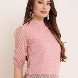 BAESD Geometric Mandarin Collar striped puff sleeve georgatte top image 3