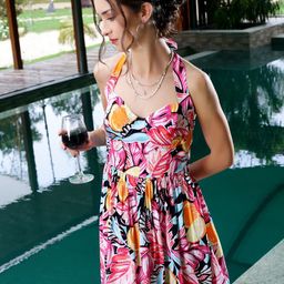 Sera Floral Printed Halter Neck Fit & Flare Mini Dress-picture-5