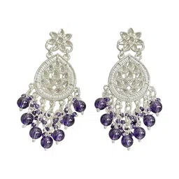 TESSARA Silver-Plated Kundan Studded And Beaded Geometric Shaped Drop Earrings-picture-16