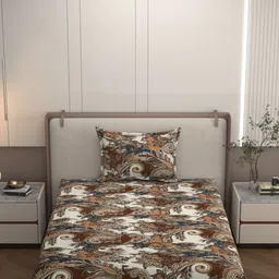 Bromwick Brown Floral 160 TC Single Bedsheet with 1 Pillow Covers-picture-25