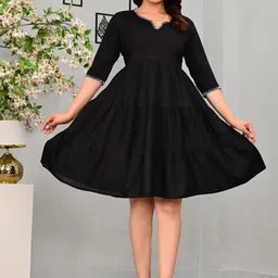 RAMILA EXPORT Women Solid Embroidered Fit and Flare Dress-image-3