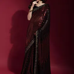 CANIZZARO Embellished Sequinned Pure Georgette Heavy Work Saree-image-46