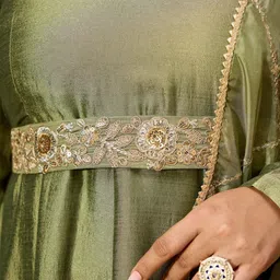 Janasya Women's Plus Size Sage Green Silk Blend Embellished Gown with Dupatta image 4