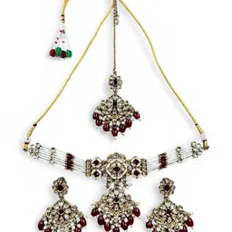 ANTIQUE JEWELLERY Copper-Plated Kundan-Studded & Beaded Jewellery Set-image-87
