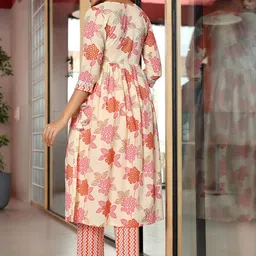 Libas Floral Printed Empire Mirror Work Pure Cotton A Line Kurta with Trousers image 4
