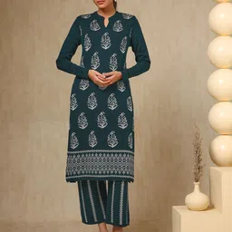 Soch Teal Green Paisley Woven Design Mandarin Collar Acrylic Straight Kurta With Trouser-picture-33
