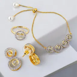LUCKY JEWELLERY 18K Gold-Plated American Diamond Stone-Studded Jewellery Set image 3