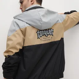 The Roadster Life Co. Colourblocked & Printed Hooded Bomber Jacket-image-51