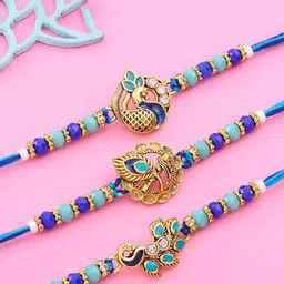 Floweraura Premium Set of 3 Stones Studded Beaded Peacock Thread Rakhis With Roli image 2