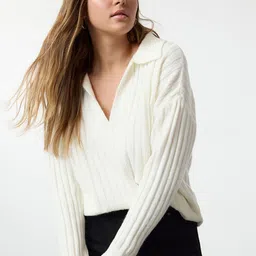 Trendyol Women Ekru Shirt Collar Long Sleeves Ribbed Pullover Sweaters-picture-14
