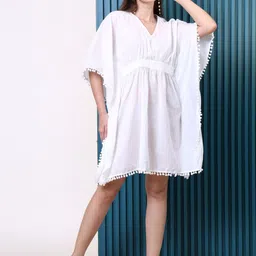 Punnu Women White Cotton elasticated waistband and Lace Trim Kaftan-picture-36