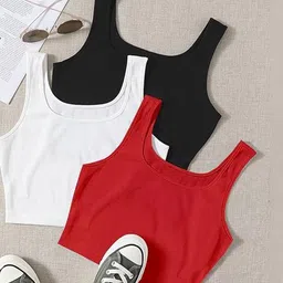 BAESD Pack Of 3 Ribbed Round Neck Sleeveless Tank Crop Tops image 2