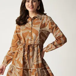 House of Sal Women Ethnic Motifs Printed Tie-Ups Shirt Collar Mocha Shirt Mini Dress-picture-18
