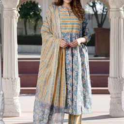 Jaitpuriya Women Ethnic Motifs Printed Regular Pure Cotton Kurta with Trousers & With Dupatta-image-97