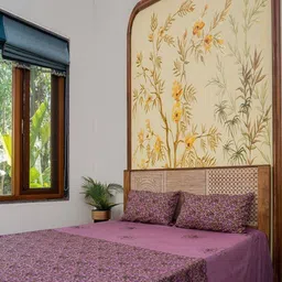 craftroots Purple & Green Floral Printed 300 TC Cotton King Bedsheet Set-image-1