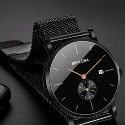 SKYLONA Men Brass Embellished Dial & Stainless Steel Bracelet Style Straps Analogue Multi Function Watch image 3