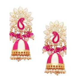 Anouk Gold-Plated Artificial Beads & Meenakari Pearls Floral Peacock Dome Shaped Jhumkas image 3