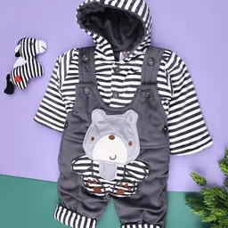 V-Mart Infant Boys Patterned Velvet Dungaree With Striped Hooded T-Shirt-image-38