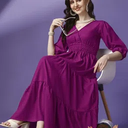 Raiyani Fashion Women Puff Sleeve Tiered Crepe Fit & Flare Midi Dress-picture-35