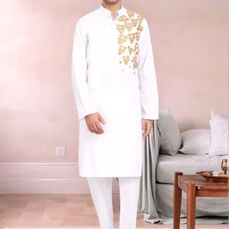 Moda Rapido Floral Embroidered Mandarin Collar Straight Pure Cotton Kurta With Pyjamas-image-67