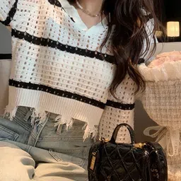 DressBerry Women Striped Woollen Crop Pullover image 2