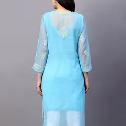 MRS RIGHT Floral Printed Chikankari Georgette Round Neck A-Line Kurta image 3