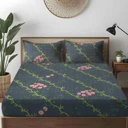 WEAVE AND DECOR Green Floral Pure Cotton Feel 300 TC Queen Fitted Bedsheet Set-1.82mx1.82m-image-31