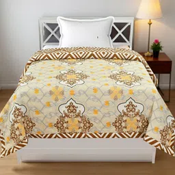 Aura Ulta Sonic Musturd & Brown Printed AC Room 233 GSM Cotton Single Dohar image 1