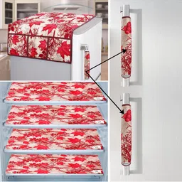 E-Retailer 7Pc Beige & Red Printed Waterproof 3-Layered Refrigerator Covers With Pockets-picture-26