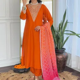 KALINI Women Ethnic Motifs Embroidered Regular Kurta with Trousers & With Dupatta image 5