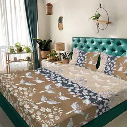 KLOTTHE Beige Floral Printed 300 TC Double Bedsheet With Pillow Covers - 2.70 x 2.70 m-picture-23