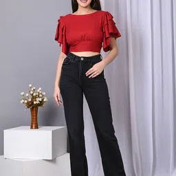 VYMO Women Flutter Sleeve Ruffles Styled Back Crop Top image 2