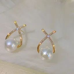 PolluxCraft Korean Gold-Plated Pearl Studded Contemporary Studs-picture-10