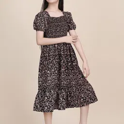 DEKLOOK Girls Printed Smocked Puff Sleeves Midi Dress-picture-11