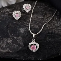 VOJ Stainless Steel Silver Plated Cubic Zirconia Studded Heart Shaped Jewellery Set-picture-15