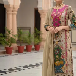 BAESD Women Ethnic Motifs Printed Regular Mirror Work Kurta with Trousers & With Dupatta image 5