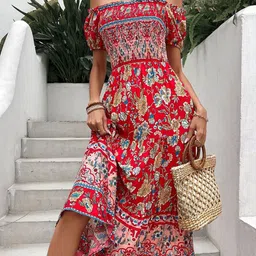 StyleCast Women Floral Printed Off-Shoulder Smocked Fit & Flare Midi Dress image 2