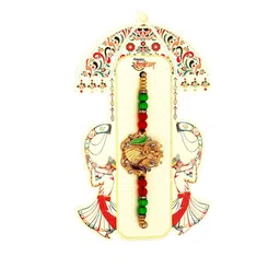 ADIVA Set Of 2 Beaded Radha Krishna Thread Rakhi with Pooja Thali Roli Chawal Bag Gift Set image 4