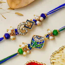 eCraftIndia Set Of 2 Stone Studded & Beaded Thread Rakhis With Roli Chawal-picture-34