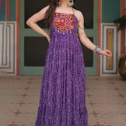 KALINI Bandhani Printed Mirror Work Tiered Anarkali Ethnic Dress-picture-12