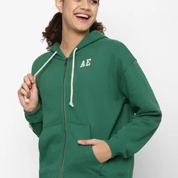 AMERICAN EAGLE OUTFITTERS Women Green Solid Hooded Sweatshirt-picture-17