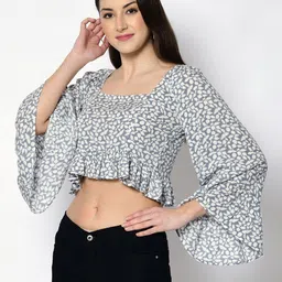 fuchsia PRETTY LOVING THING Women Floral Printed Bell Sleeve Crop Top image 3